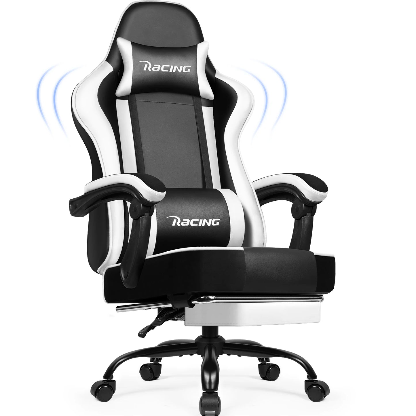 Portreen Ergonomic Gaming Chair with Footrest, Adjustable Lumbar Support, Headrest, 170° Reclining Swivel Gaming Chair for Office & PC Setup