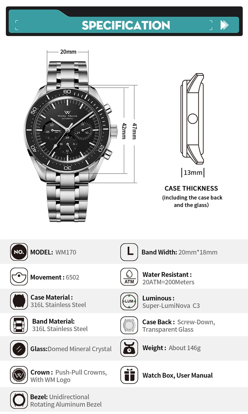 Relógio WM Automático Mecânico 200M Impermeável Casual Clássico Business Welly Merck Relógios para Homem 170M-WM