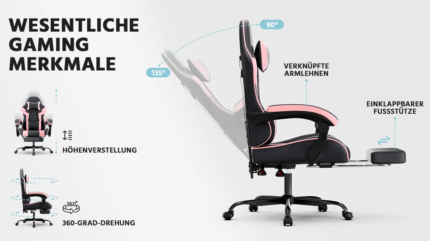Black & Pink Gaming Chair, Ergonomic PU Leather Computer Chair with Footrest, Adjustable Swivel Office Chair with Lumbar Support & Headrest, Breathable High-Back Chair for Gaming & Work