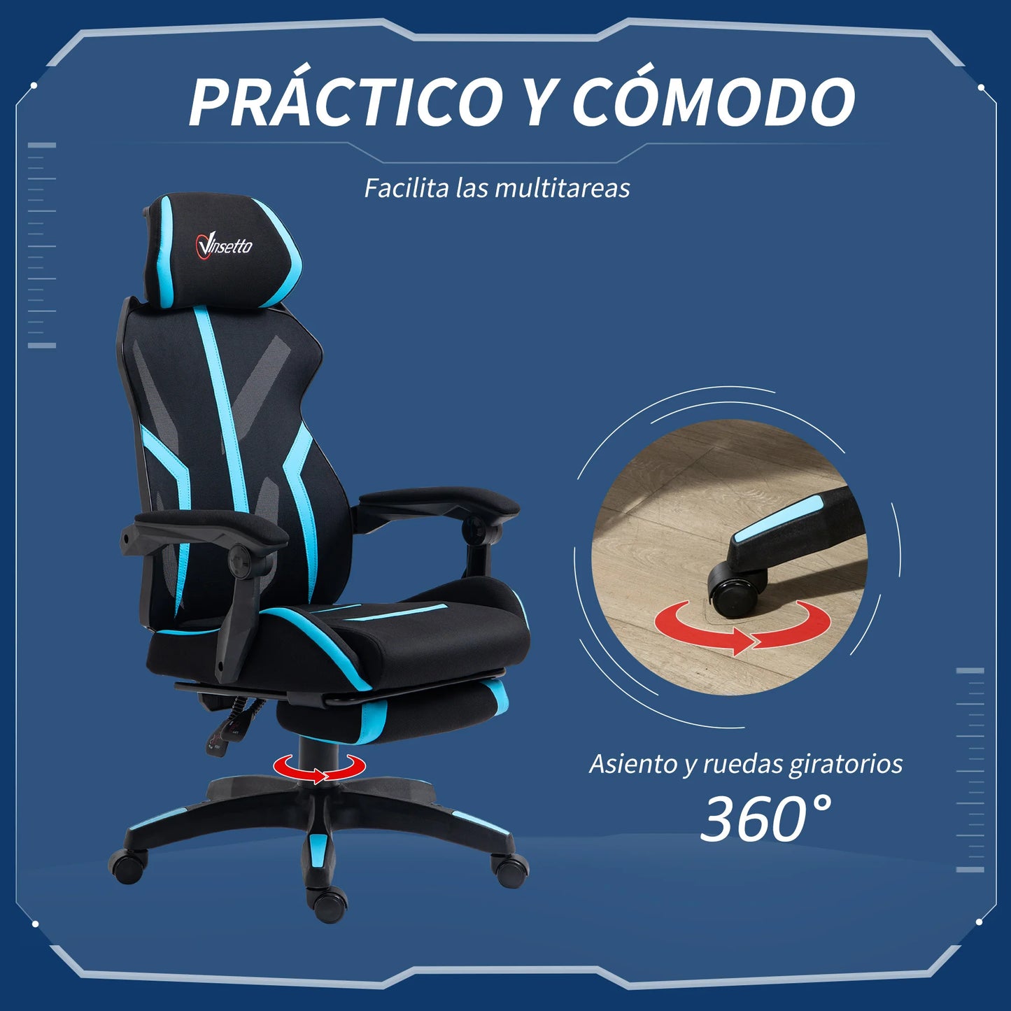 Vinsetto Retractable Height Adjustable Blue Footrest Retractable Gaming Chair