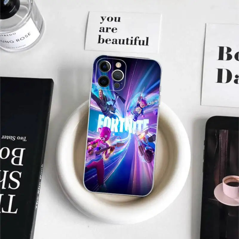 Cartoon B-Battle-R-Royales-F-FortniteS for iPhone 17 16 15 14 13 12 11 Pro Max Plus Transparent Soft TPU Phone Cover