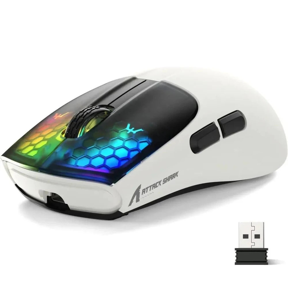 ATTACK SHARK X5 belaidė pelė, lengva, trijų režimų jungtis 2.4GHz / laidinė / Bluetooth, RGB makro žaidimų pelė