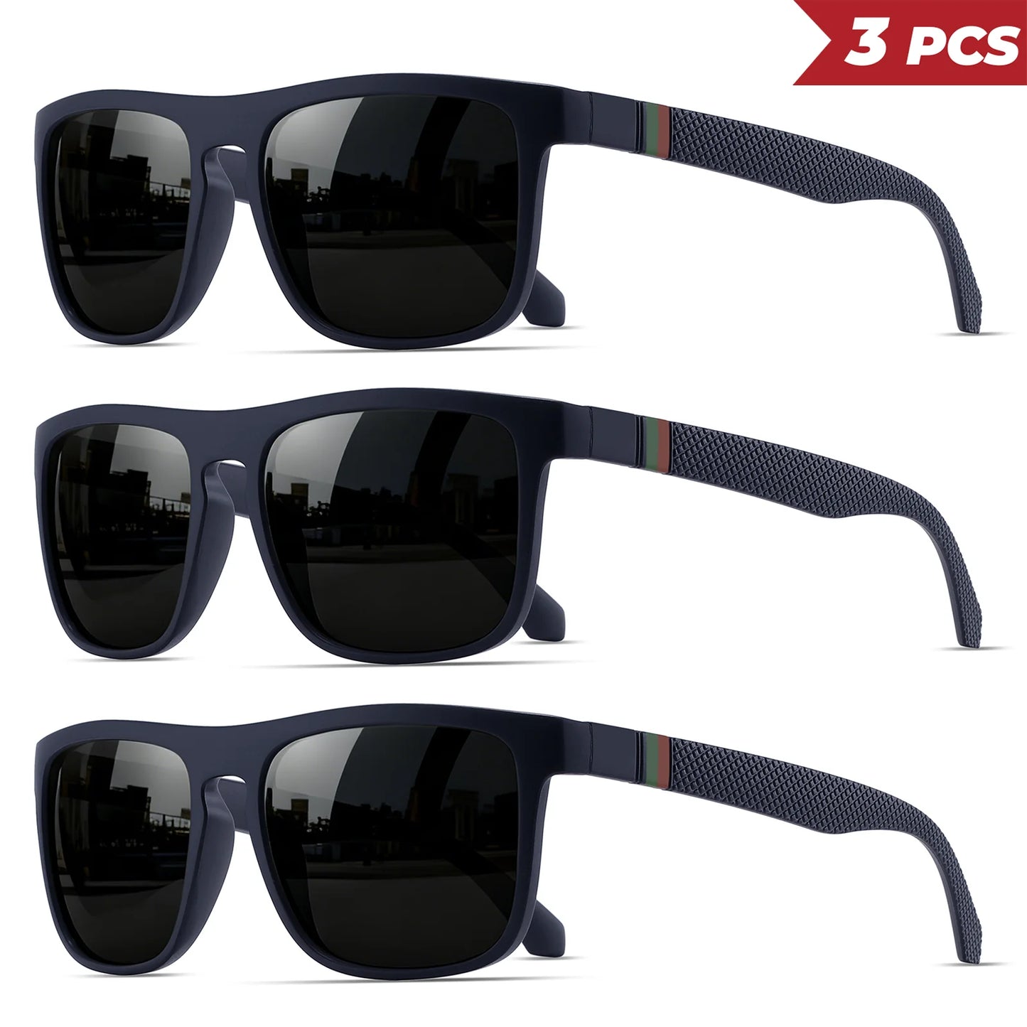 3PCS Classic Retro Polarized Square Sunglasses - Red/Green Stripe Temples, UV400 Unisex for Daily, Outdoor, Fishing & Driving