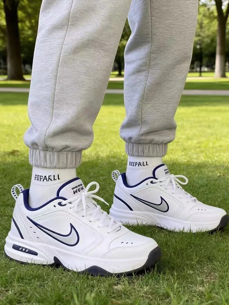 Nike Air Monarch 4 White Navy Fabric Leather Retro Classic Non-Slip Low-Top Dad Shoes Men's Blue and White 415445-102