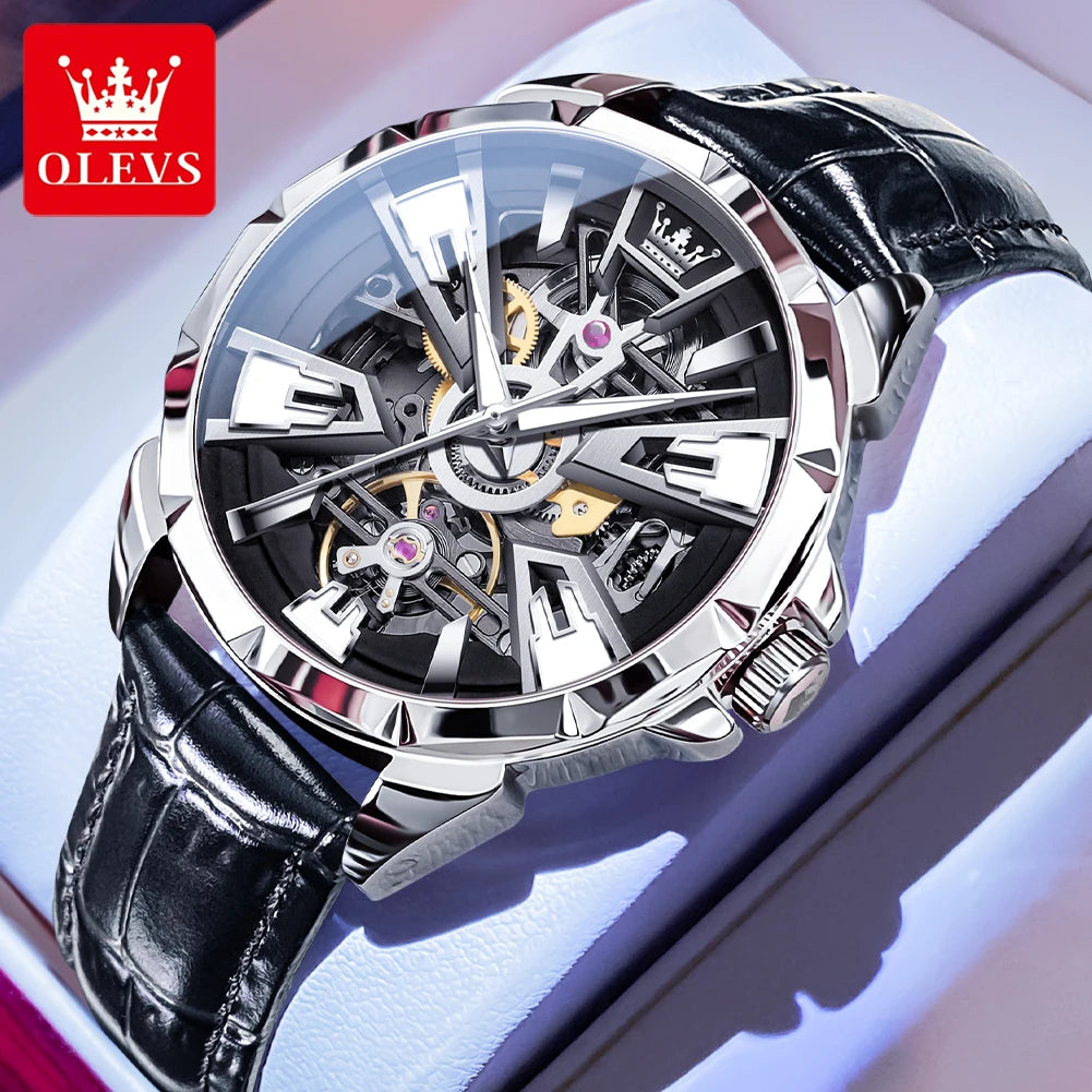 OLEVS 7051 Fashion Men's Watch Leather Strap 30M Waterproof Hollow HD Luminous Automatic Mechanical Wristwatch for Men
