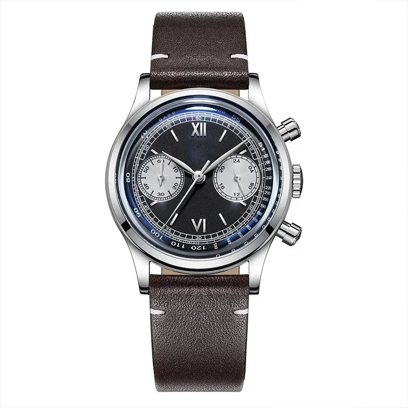 ADDIESDIVE AD2037 Men Quartz Watch Multifunctional 24 Hour Chronograph Black Dial Leather Watches 100m Dive Business Wristwatch