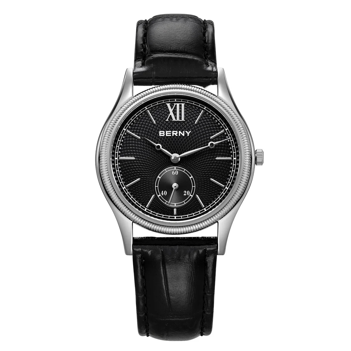 BERNY Men's Watches Luxury Classic Stylish Dress Quartz Watch Slim Stainless Steel Case Elegance Leather Strap Wristwatch