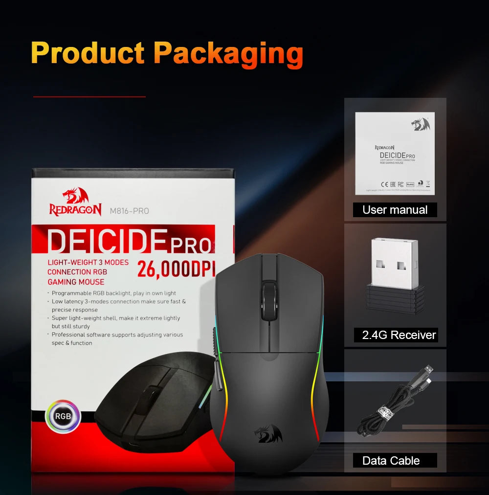 Mouse gaming REDRAGON DEICIDE M816 PRO RGB USB cu suport Bluetooth 2.4G wireless, 26000 DPI, 6 butoane pentru gameri, mouse cu fir pentru computer