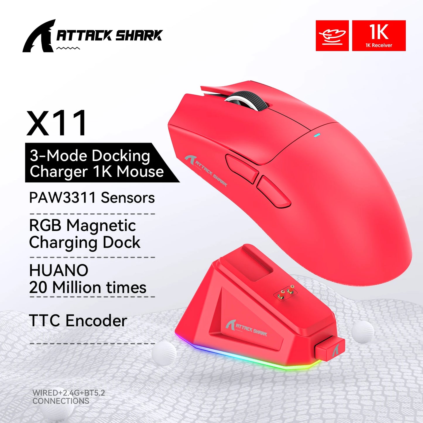 Attack Shark X11&R1 třirežimová bezdrátová Bluetooth myš s nabíjecí základnou, RGB, ergonomická, lehká myš, příslušenství pro PC hráče