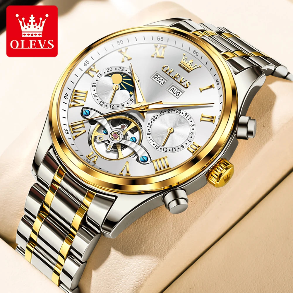 OLEVS 7005 Classic Business Mechanical Wristwatch for Men Skeleton Flywheel 24 Hour Moon Phase Calendar Luxury Men's Watch