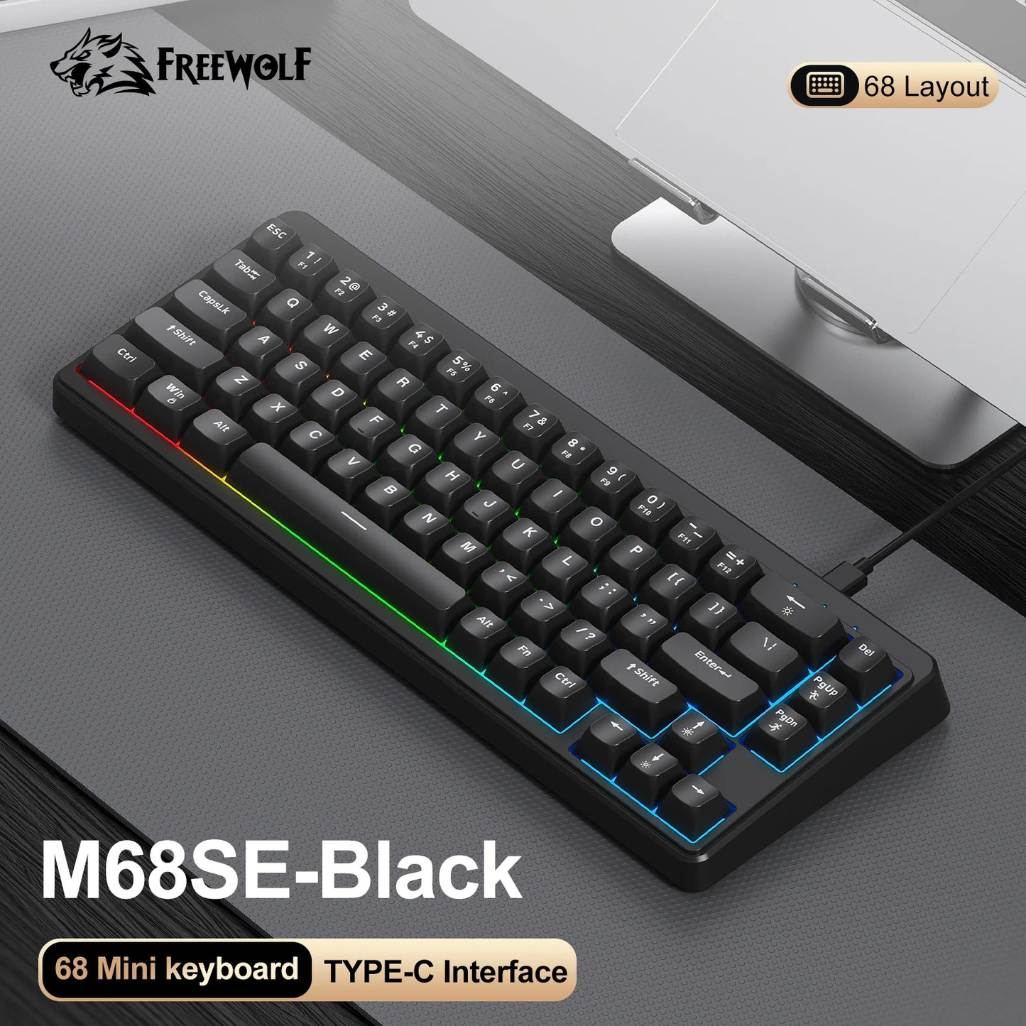FREEWOLF M68SE Mini-Tastatur mit 68 Tasten, kabelgebunden, RGB-Hintergrundbeleuchtung, Type-C, 68-%-Layout, kompakt, für Gaming, Büro, PC und Laptop