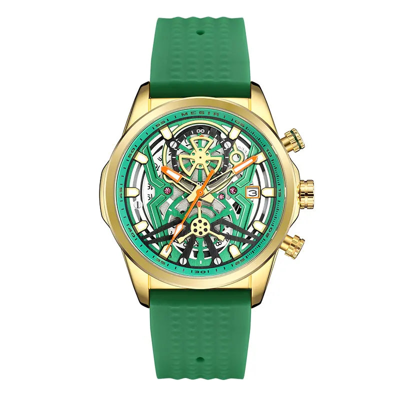 MEGIR Chronograph Quartz Watch Men Fashion Waterproof Yellow Silicone Strap Sport Wristwatch with Luminous Hands Auto Date 2235