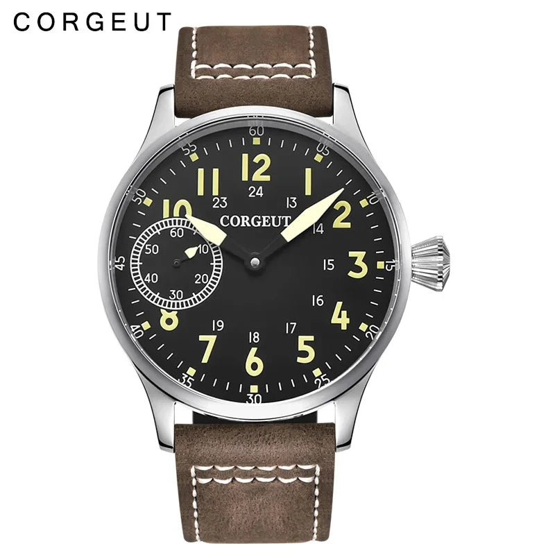 Corgeut 44mm Leather Luminous Mechanical Hand Winding Watch For Men 17 Jewels ST3600 Seagull 6497 Movement Sport Wristwatches