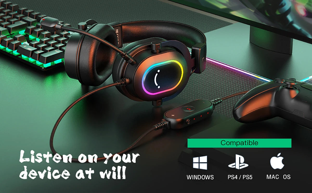 Auriculares gaming RGB FIFINE con micrófono – Auriculares USB circumaurales con cable, sonido envolvente 7.1, para PC, PS4 y PS5, con modos EQ y aislamiento de ruido