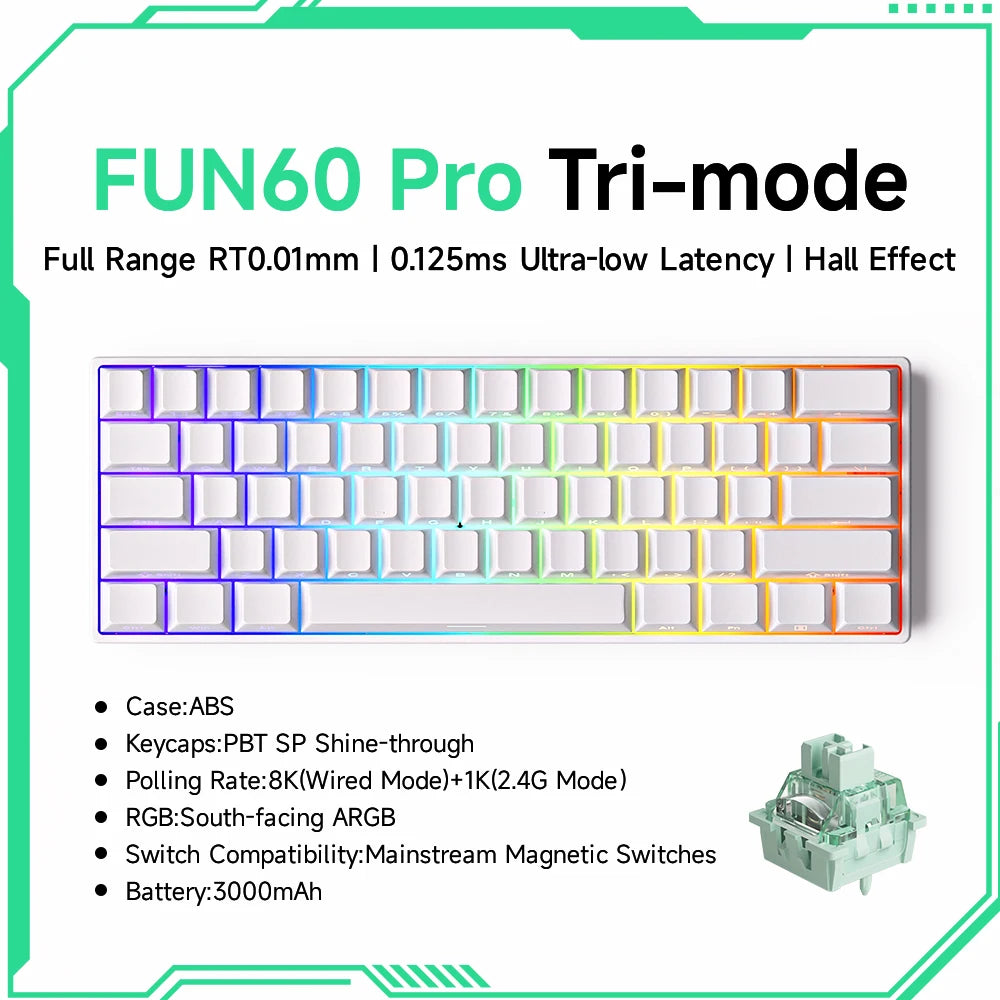 Teclado Mecânico Akko MonsGeek FUN60 com Switch Magnético, 60%, Teclado Gaming, Rapid Trigger 0.01mm, 8K, ARGB, HE/TMR, Teclado Personalizado