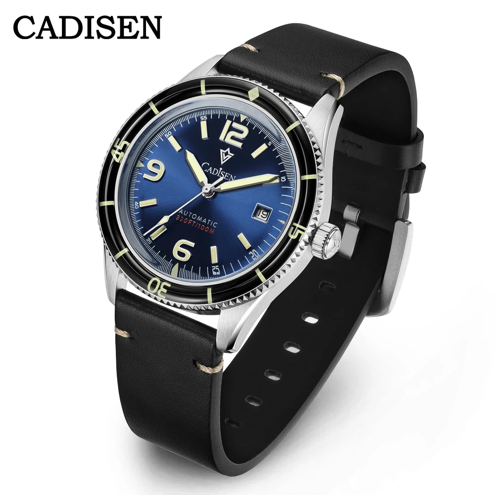 CADISEN 2026 Watch Men Mechanical Wristwatches MIYOTA 8215 Movement Genuine Leather Strap Waterproof Luminous Red Mens Watches