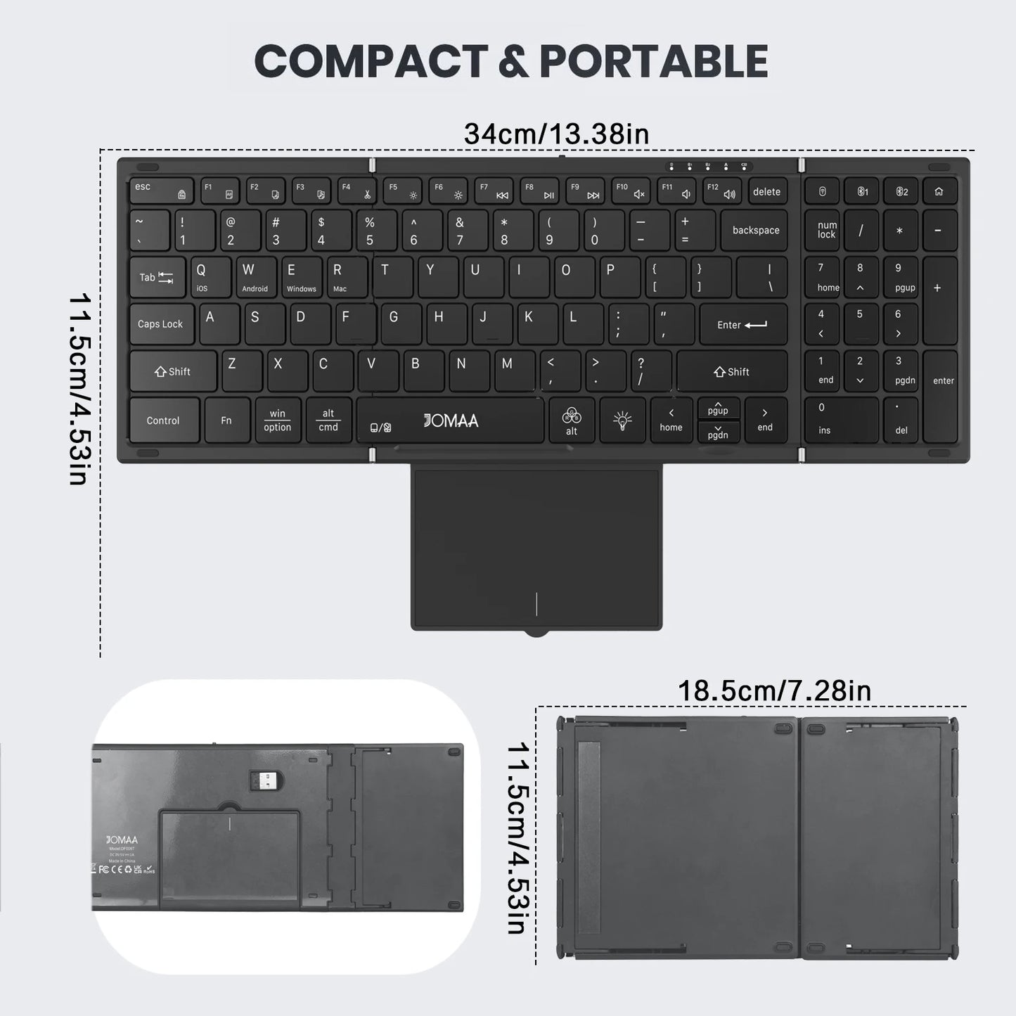Jomaa Backlit Full Size Folding Keyboard Bluetooth+USB Wireless Keyboard with Touchpad Numeric Pad for Laptop Windows
