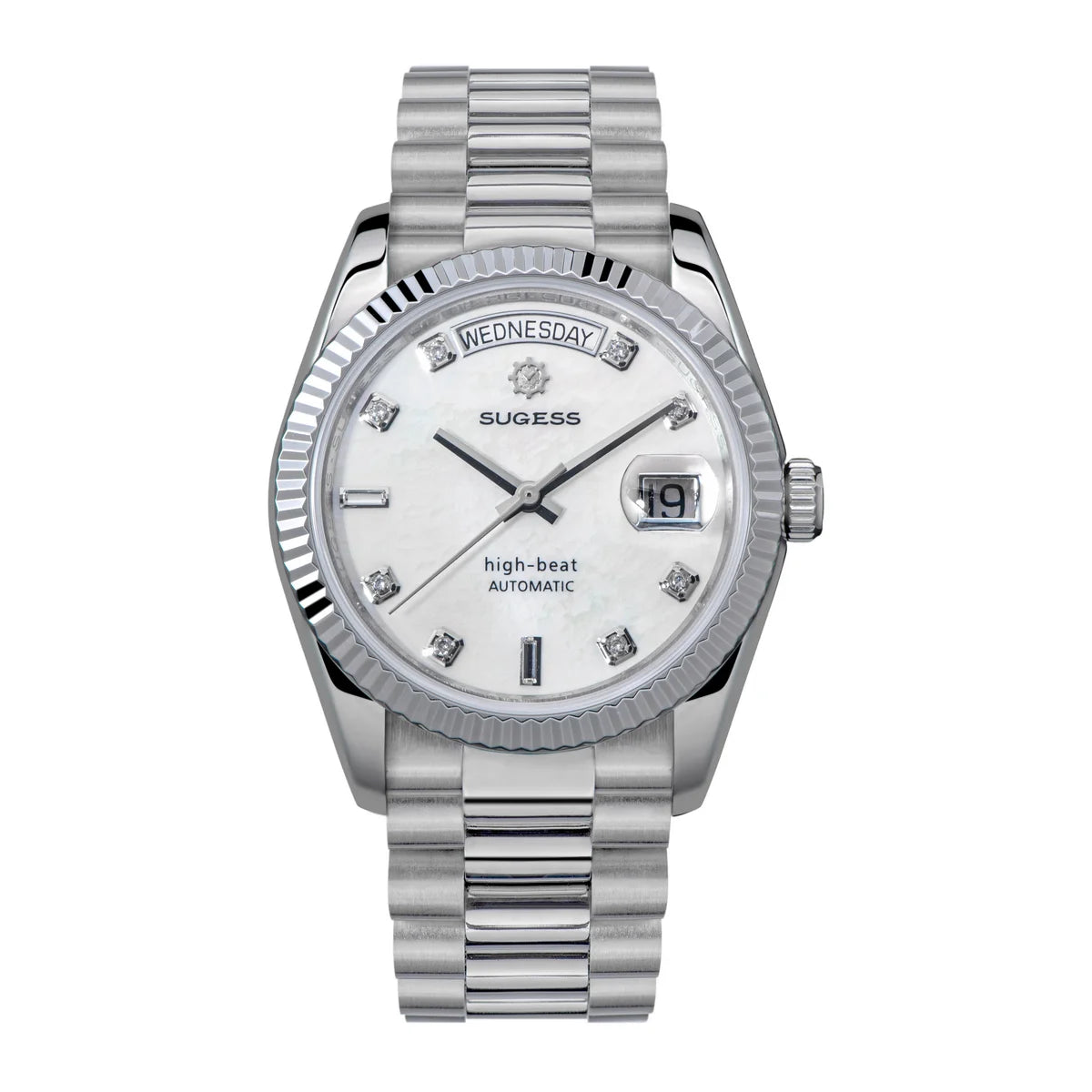 Sugess 36mm Mens of Watch Automatic Dandong Peacock SL3034 Day Movement Sapphire Glass 100m Waterproof Wristwatches MOP Date New