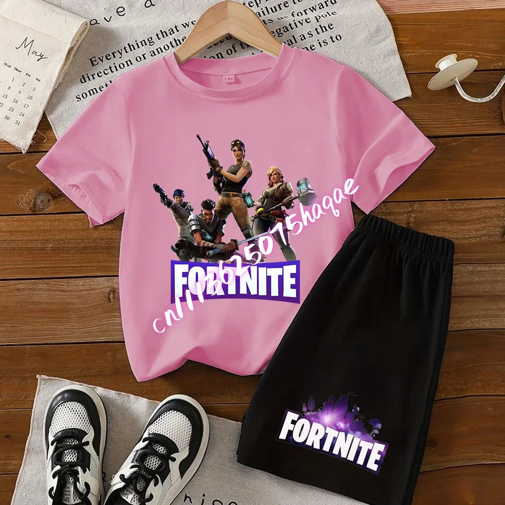 2026 New Fortnite Kids Pure Cotton Short-Sleeved Set with Cartoon Print Boys' Sport Shirt Casual Top Summer T-Shirt 2 Pieces