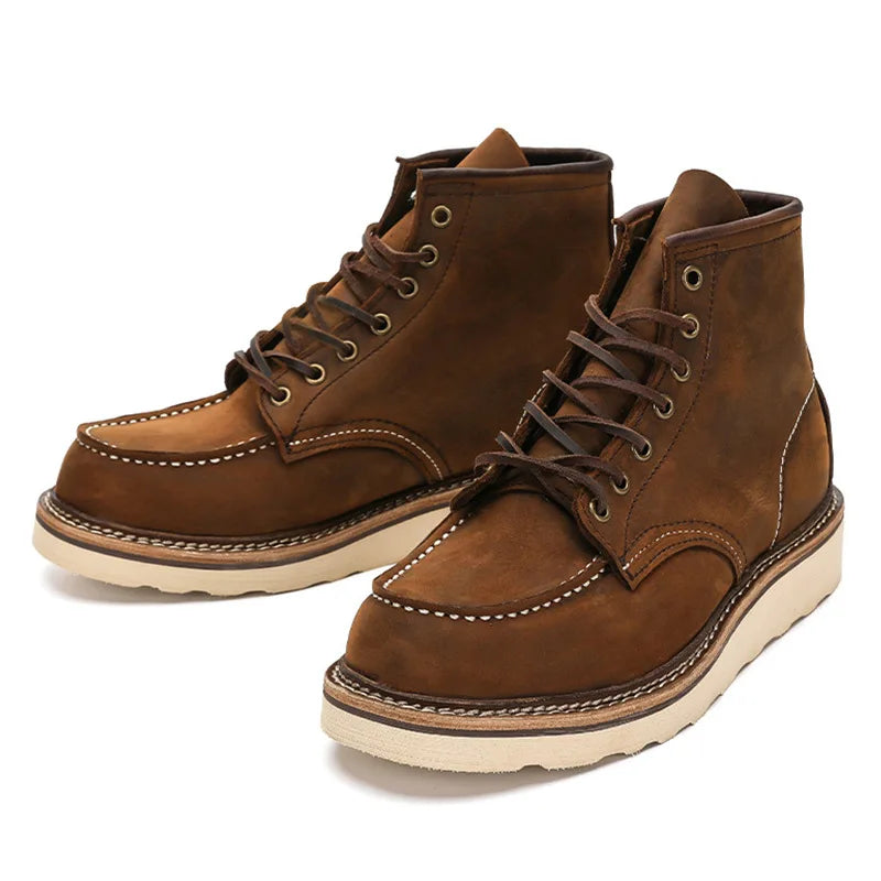 KOWM Cowhide Hiking Shoes Men's Walking Boot British Trekking Shoes Thick-Soled Cowhide High-Top Motorcycle Boots Ankle Sneakers