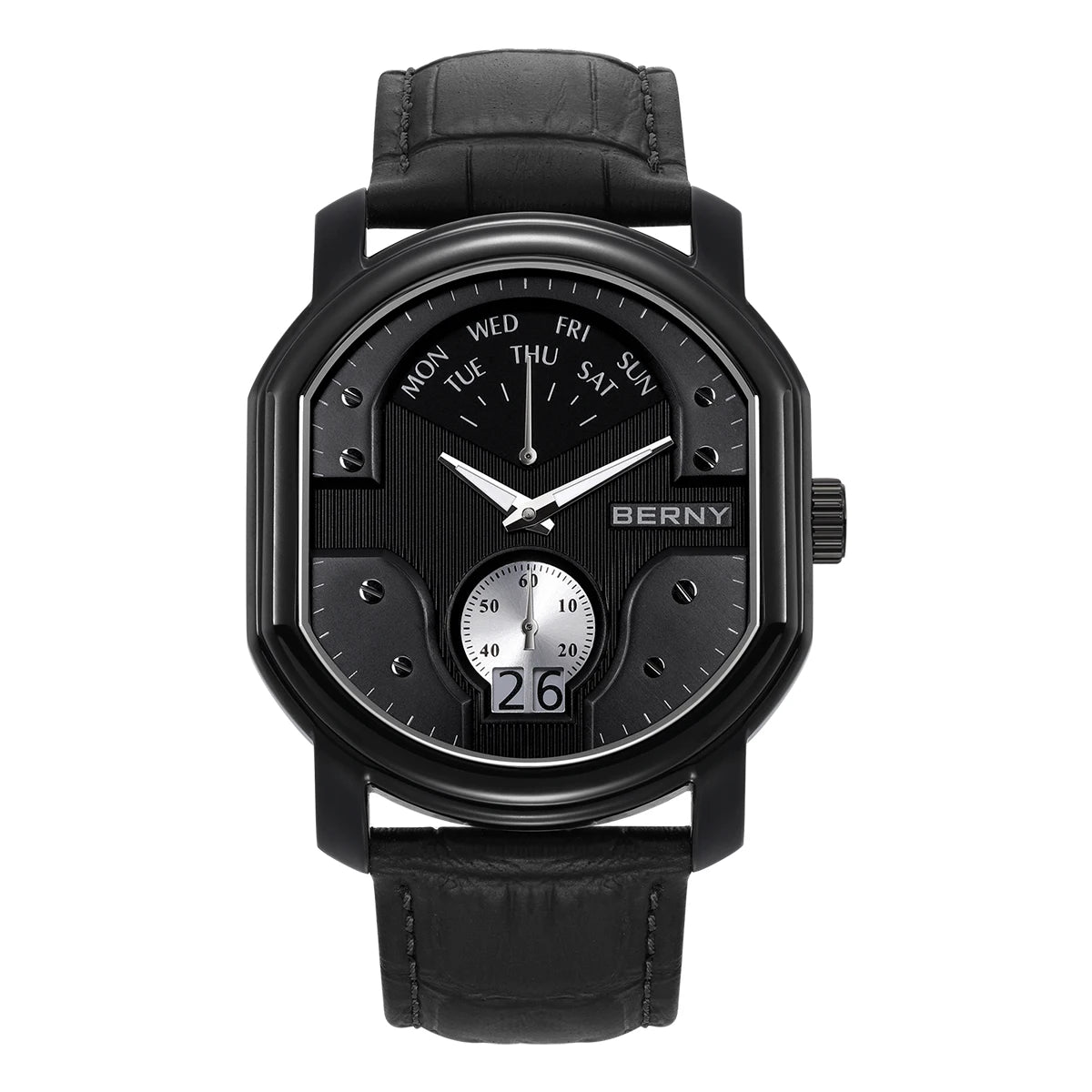 BERNY Tonneau Classic Men's Watch Quartz Luxury Top Watches Ronda 7004N Day Stainless Steel Sapphire Pendulum Dial Watch for Men