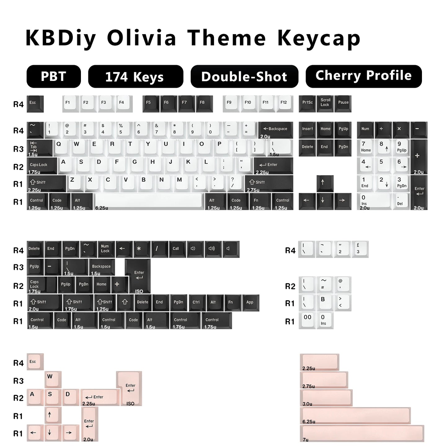 KBDiy 174 Tasten/Set PBT GMK Apollo Tastenkappen, Double-Shot, minimalistisches ISO-Cherry-Profil, für mechanische Gaming-Tastaturen, Tastenkappen für MX