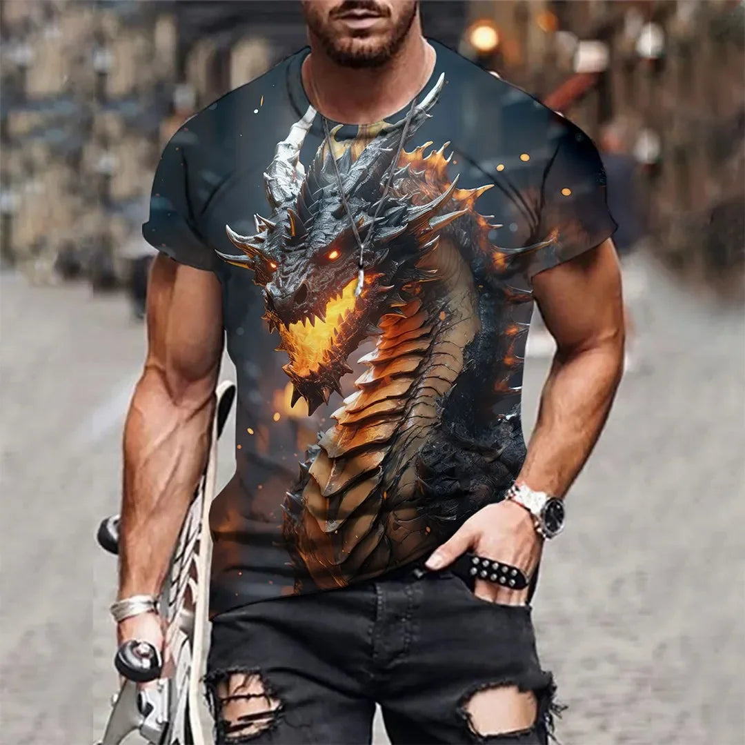 Summer New Men's O-neck T-shirt Flame Magic Dragon 3D Print Casual Breathable Lightweight Versatile Design Short Sleeve Menswear