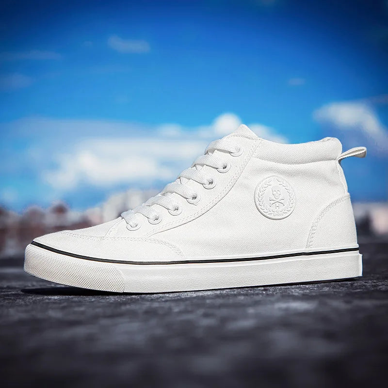 Men's High-Top Canvas Sneakers Slip-On Lace-Up Casual All-Black Basic Skate Shoes for Students Flat Sole Comfortable Sport Shoes