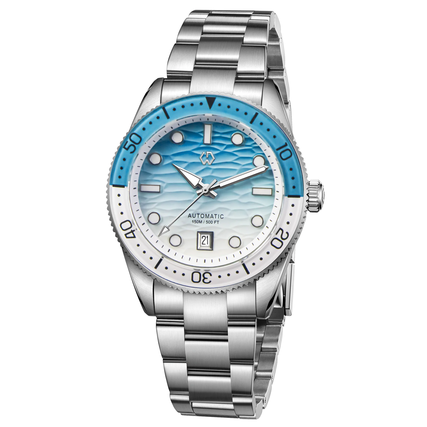 Relógio de Mergulho Automático WISHDOIT para Homem com Mostrador Azul-Oceano e Branco Ondulado, Movimento 8215 e Vidro Safira