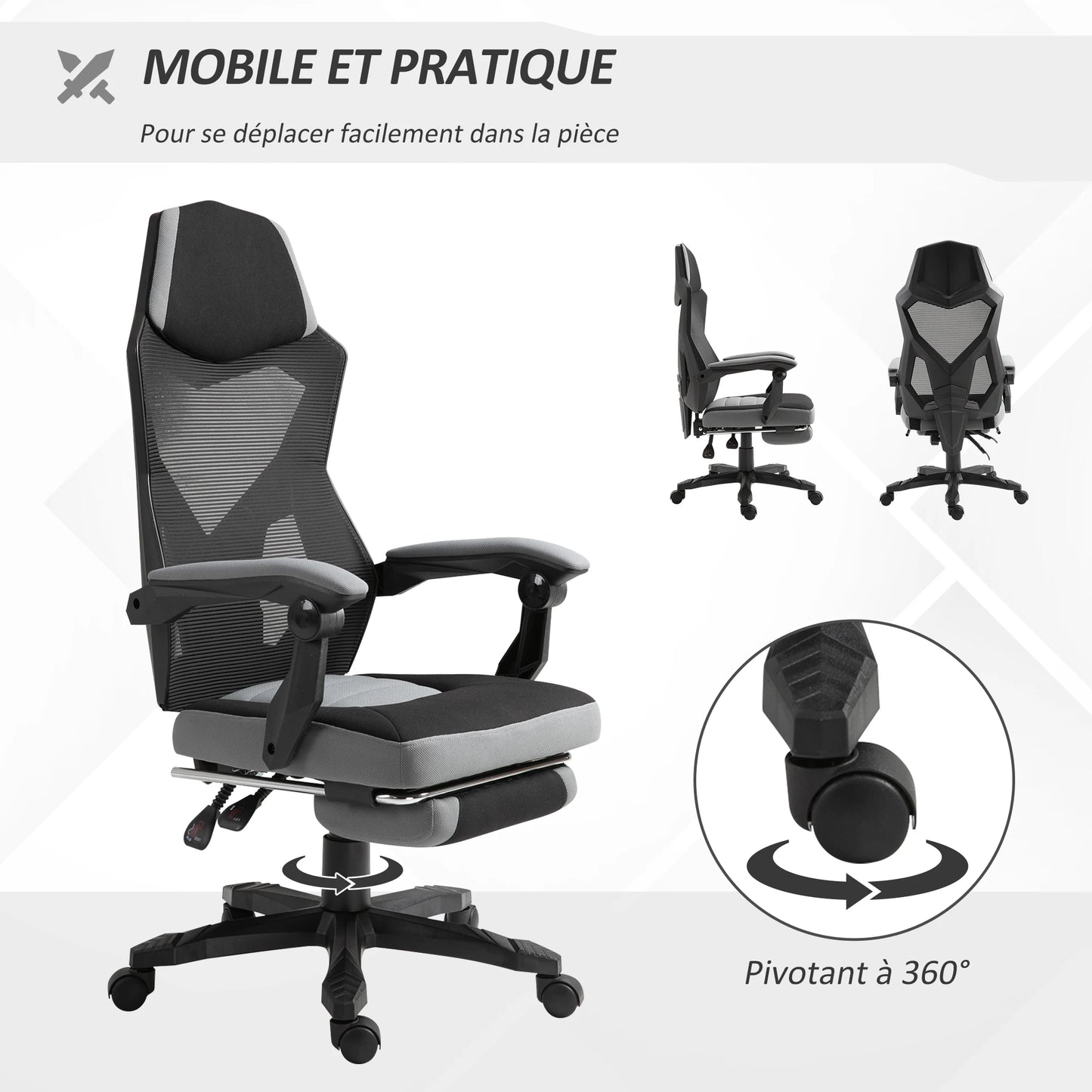 Desk Chair Vinsetto gaming armchair height adjustable back castors pivoting foot fabric mesh rest 58L x 63l x