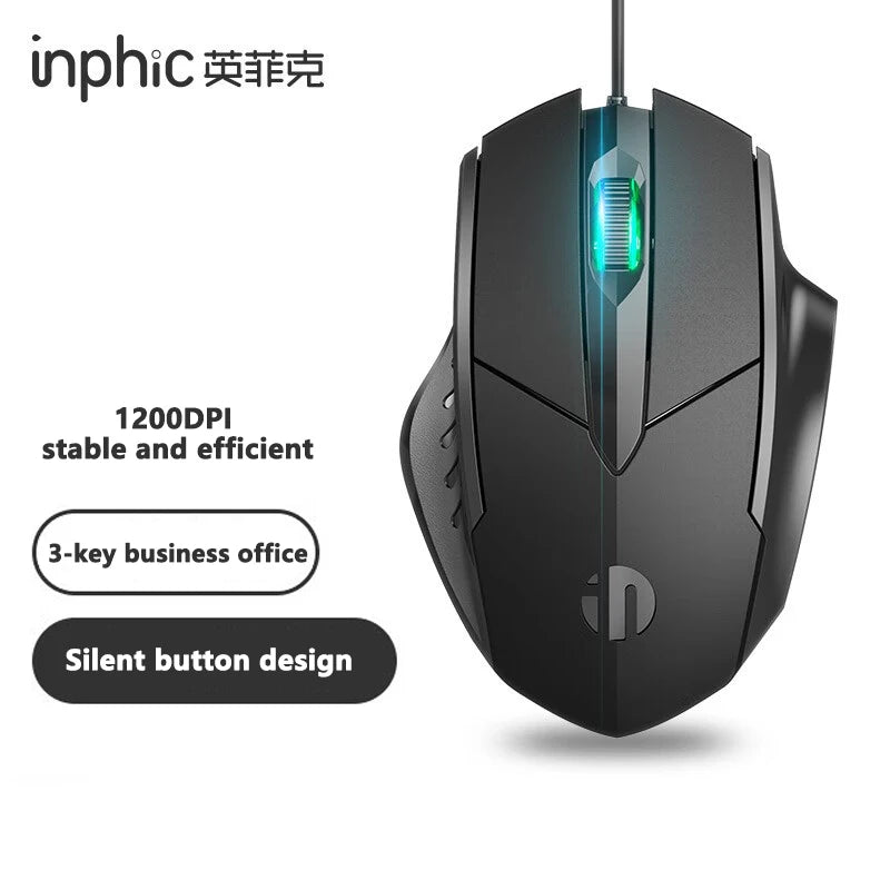Drátová myš Inphic W1 – e-sportovní herní myš, tichá kancelářská myš, volitelně se třemi nebo šesti tlačítky