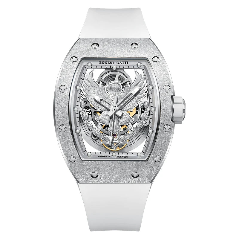 BONEST GATTI Luxury Men Hollow Automatic Mechanical Watches Tonneau Sapphire Crystal Luminous Hollow Eagle Dial Rubber Strapes