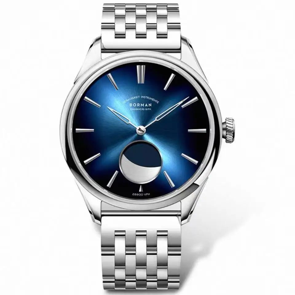 Borman Men's Automatic Watches, Luxury Moon Phase Mechanical Wristwatch, Fashionable 50M Waterproof with Sapphire Leather Strap