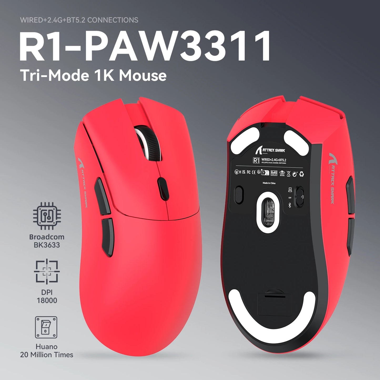Rato Gaming Tri-Mode ATTACK SHARK R1, Sensor PixArt PAW3311, 18000 DPI, 1000hz, ultraleve de 59g para mãos grandes, para PC/Mac