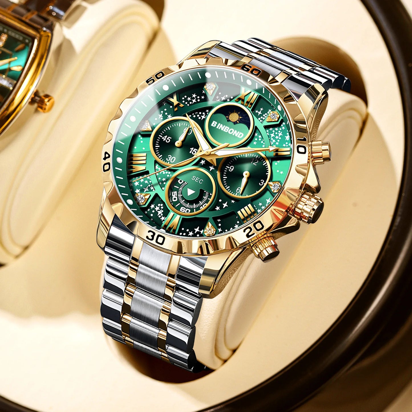 2026 Men Watch Light Luxury Business Steel Belt Moonphase Starry Night Light Waterproof Men's Fashion Quartz Clock Watches Gift