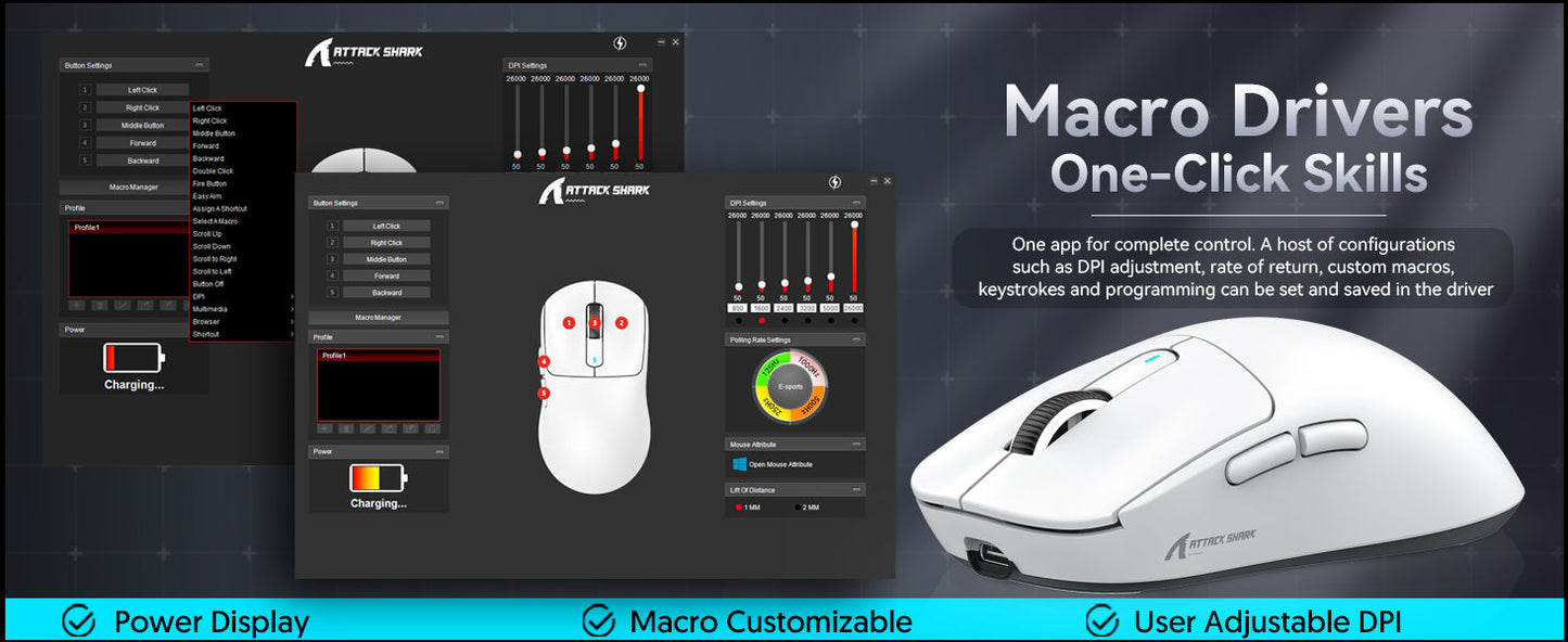 Ratón gaming inalámbrico ATTACK SHARK X3 PixArt PAW3395 49g SUPERLIGHT, BT/2.4G inalámbrico/con cable, 6 DPI ajustables hasta 26000
