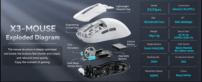 Ratón gaming inalámbrico ATTACK SHARK X3 PixArt PAW3395 49g SUPERLIGHT, BT/2.4G inalámbrico/con cable, 6 DPI ajustables hasta 26000