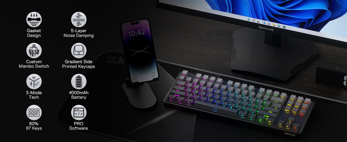Redragon K707 PRO GB 80% Gasket RGB Gaming 3-Modes Wireless TKL Mechanical Hot-Swap Noise Dampening Keyboard,Mint Mambo Switch