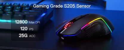 Redragon M693 LIT Wireless Gaming Mouse, 12800 DPI Mice w/ 3-Mode Connection, BT & 2.4G Wireless, 7 Macro Buttons
