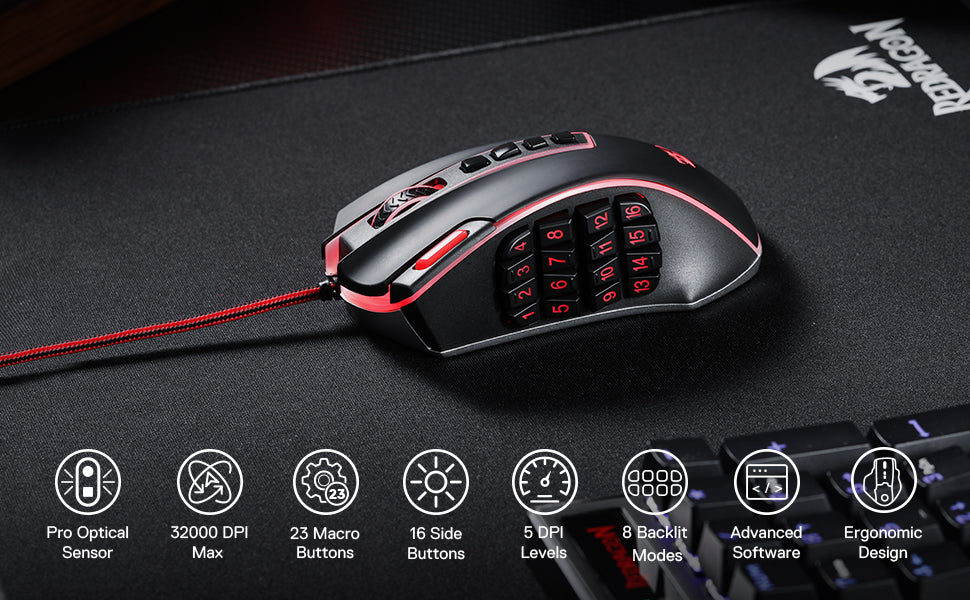 Mouse de gaming MMO Redragon M990, 32000 DPI, de înaltă precizie, cu fir, RGB, cu 23 de butoane programabile și 16 taste macro laterale