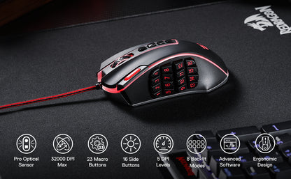 Mouse de gaming MMO Redragon M990, 32000 DPI, de înaltă precizie, cu fir, RGB, cu 23 de butoane programabile și 16 taste macro laterale