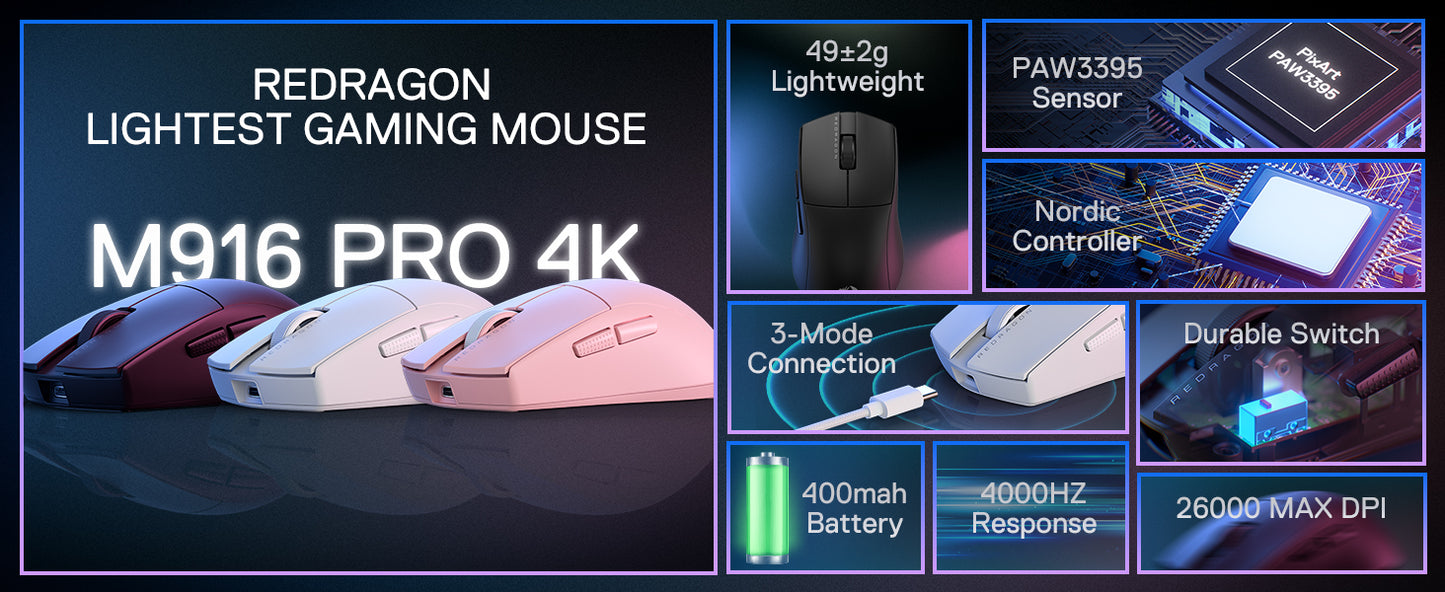 Mouse de gaming wireless Redragon M916 PRO 3-Mode, rată de polling Hype-Speed 4K, mouse gamer ultra-ușor de 49G, 26K DPI