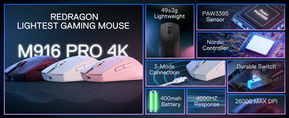 Mouse de gaming wireless Redragon M916 PRO 3-Mode, rată de polling Hype-Speed 4K, mouse gamer ultra-ușor de 49G, 26K DPI