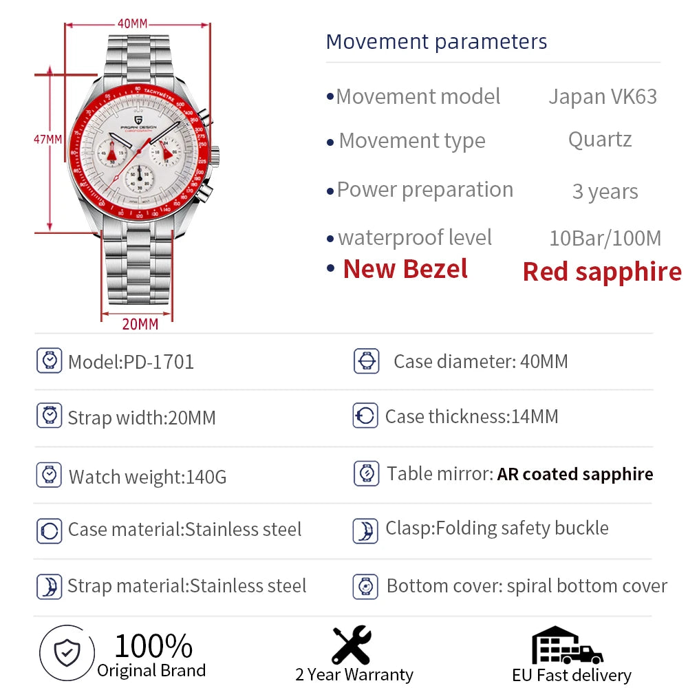 PAGANI DESIGN 2026 New Red Men's Watches Luxury Quartz Wrist Watch For Men Chronograph Automatic Date Waterproof Local Shipping
