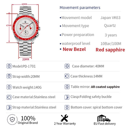 PAGANI DESIGN 2026 New Red Men's Watches Luxury Quartz Wrist Watch For Men Chronograph Automatic Date Waterproof Local Shipping