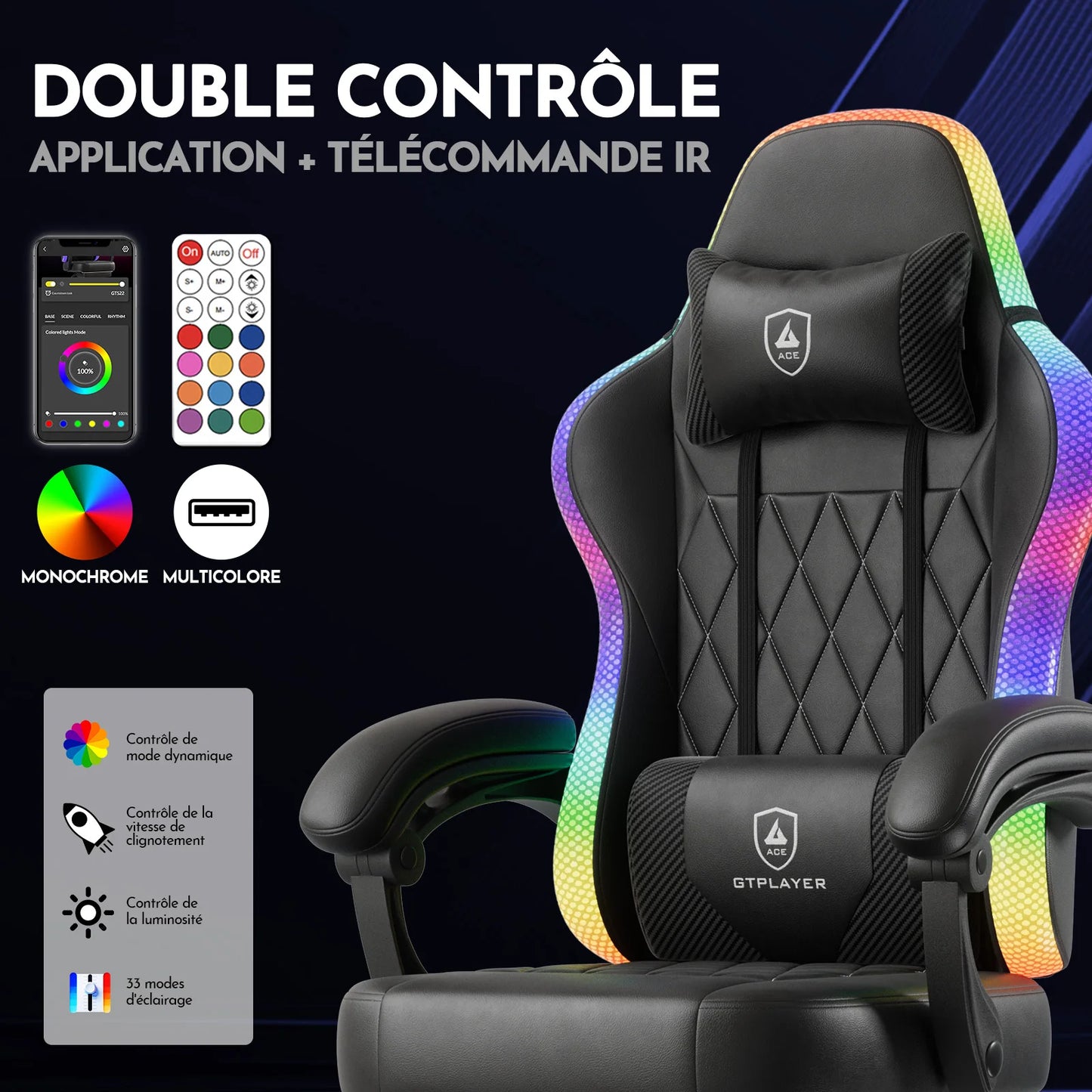 GTPLAYER Gaming Chair Office Chair Gaming Chair with LED Light Bar Gamer Chair Backrest with Storage Bag Ergonomic