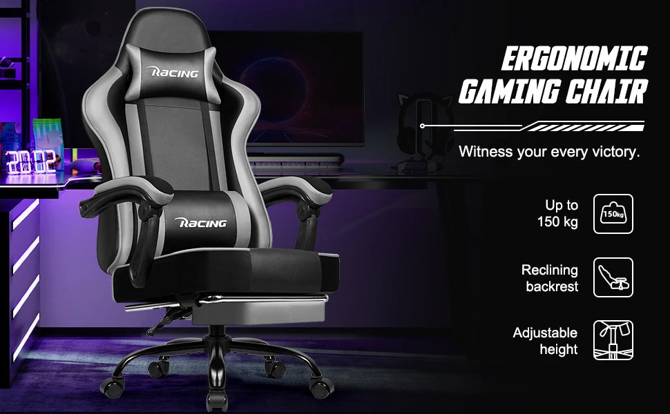 Portreen Ergonomic Gaming Chair with Footrest, Adjustable Lumbar Support, Headrest, 170° Reclining Swivel Gaming Chair for Office & PC Setup