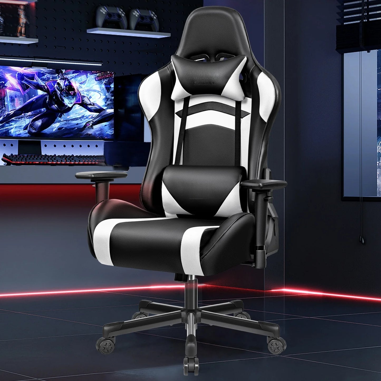 Ergonomic Gaming Chair PU Leather Adjustable Computer Chair with Lumbar Support, Headrest, Reclining Office Chair for Gaming & Work