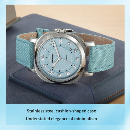 BERNY Mechanical Watch For Women Self-wind Pillow Cushion Sapphire Super Luminous Wristwatch Canvas Calendar Watch For Ladies