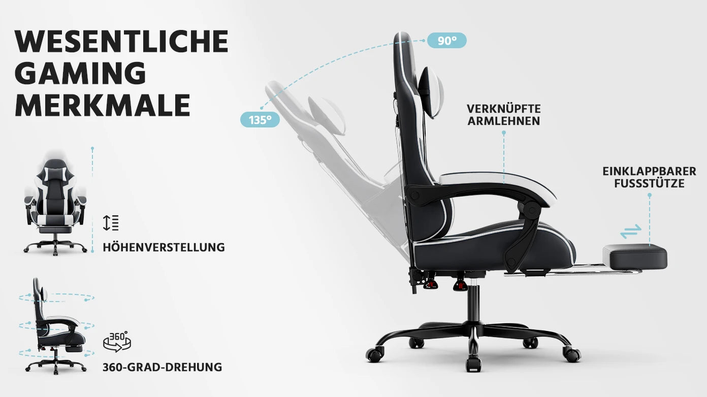 Ergonomic Gaming Chair with Footrest, PU Leather Computer Chair with Lumbar Support, Adjustable Reclining High-Back Swivel Office Chair for Gaming & Work